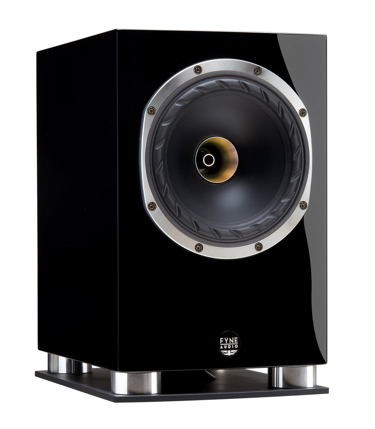 Fyne Audio F500SP in Piano Gloss Black with grille removed