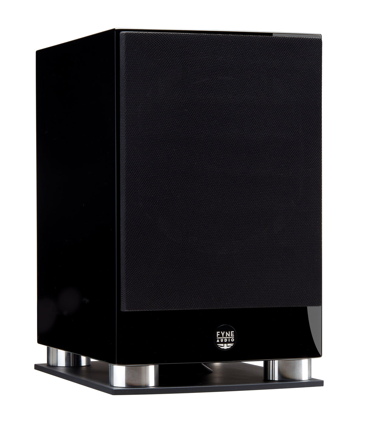 Fyne Audio F500SP in Piano Gloss Black with grille on