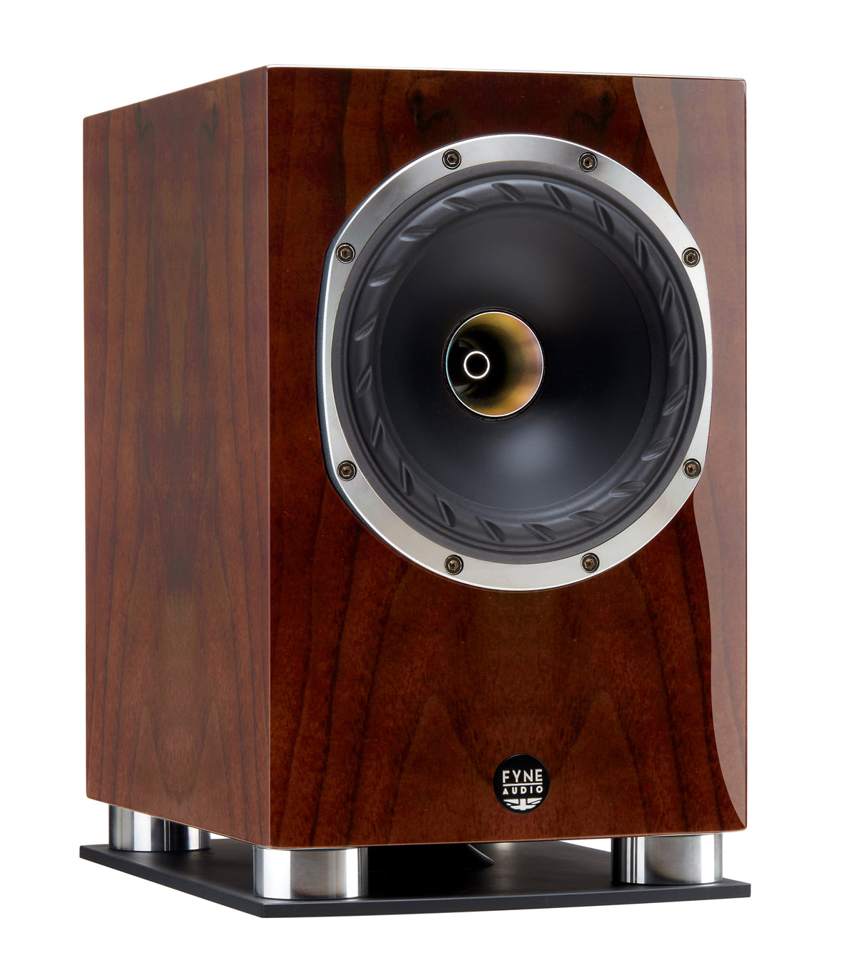 Fyne Audio F500SP in Piano Gloss Walnut with grille removed
