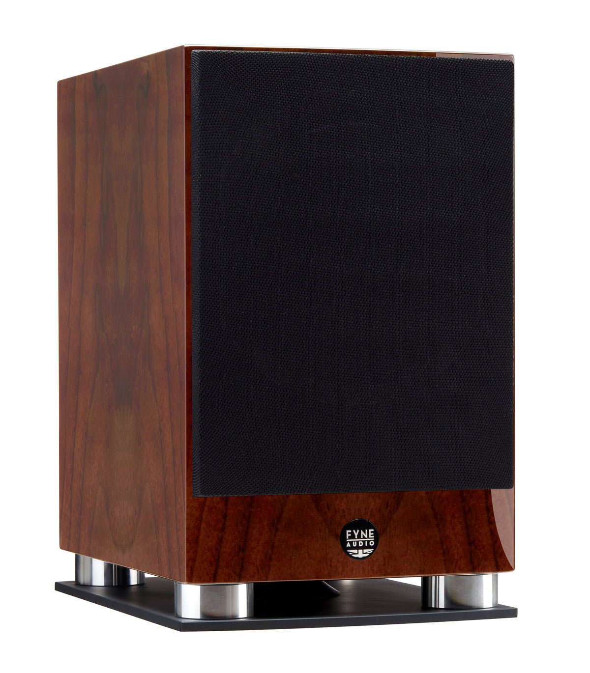 Fyne Audio F500SP in Piano Gloss Walnut with grille on