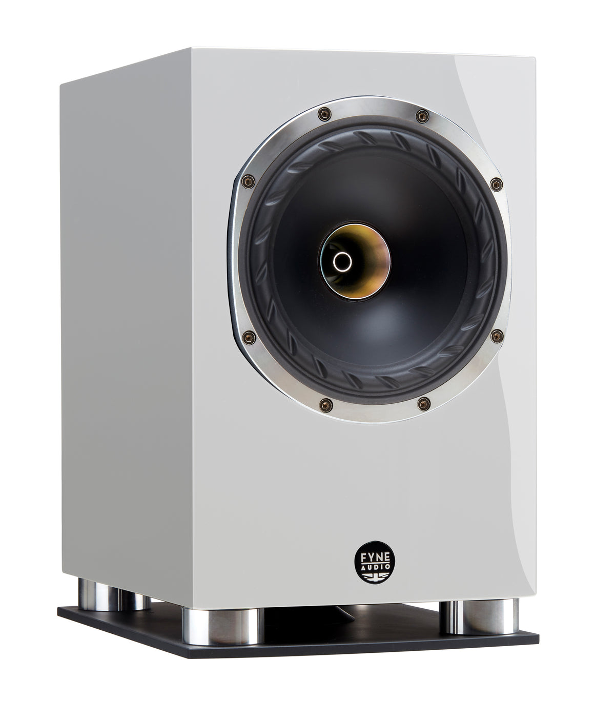 Fyne Audio F500SP in Piano Gloss White with grille removed