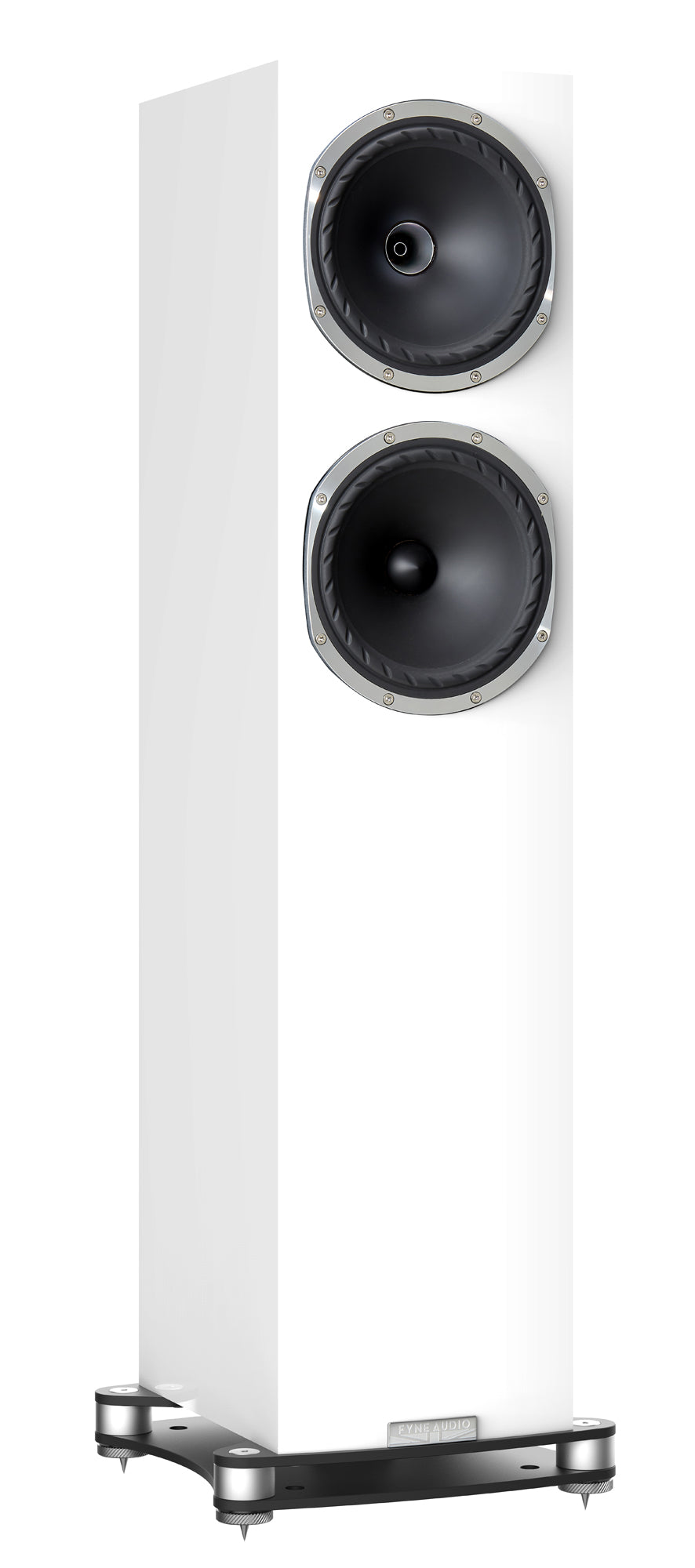 Fyne Audio F502SP in Piano Gloss White with grille removed