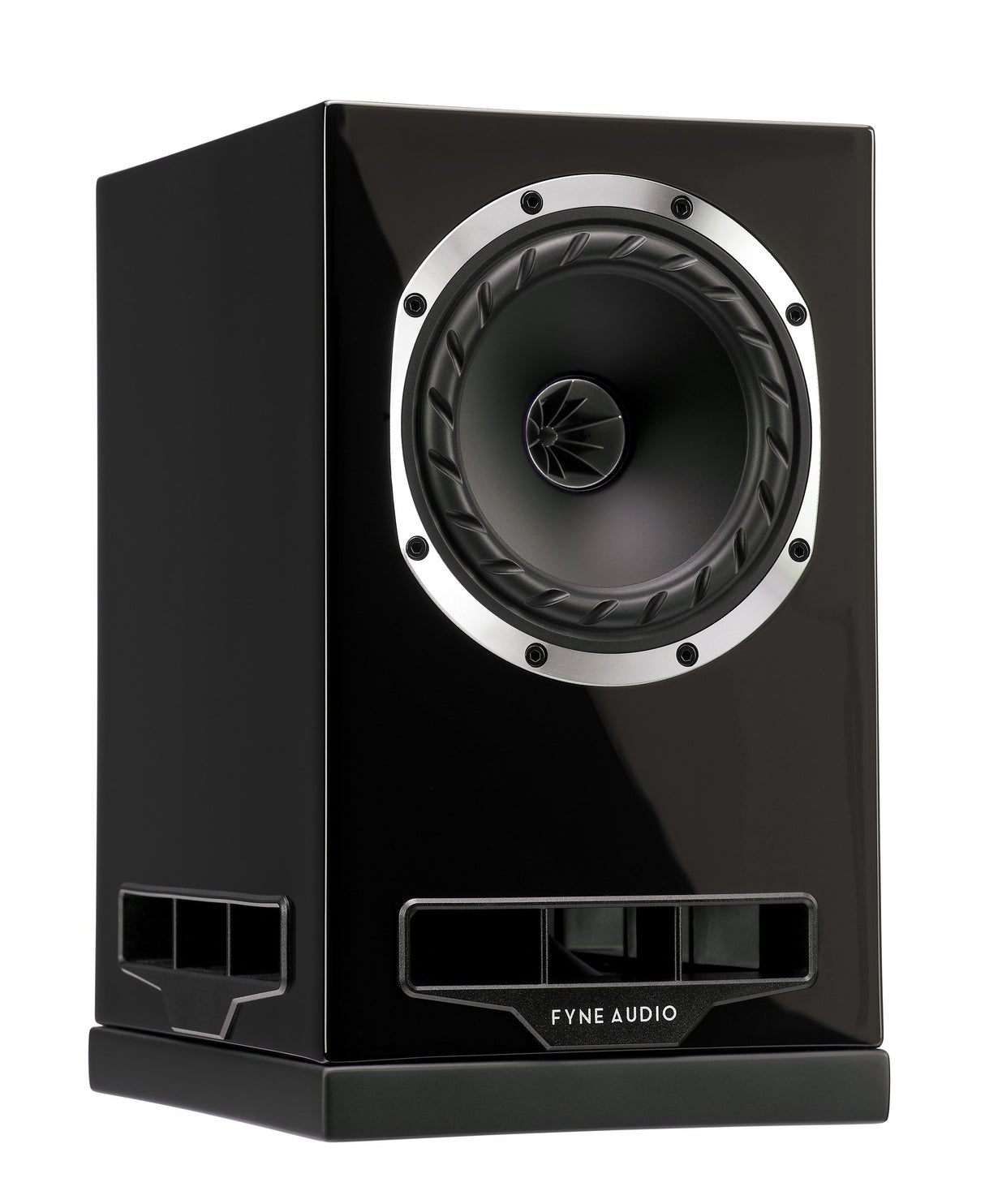 Fyne Audio F500S bookshelf speaker in Piano Gloss Black with grille removed