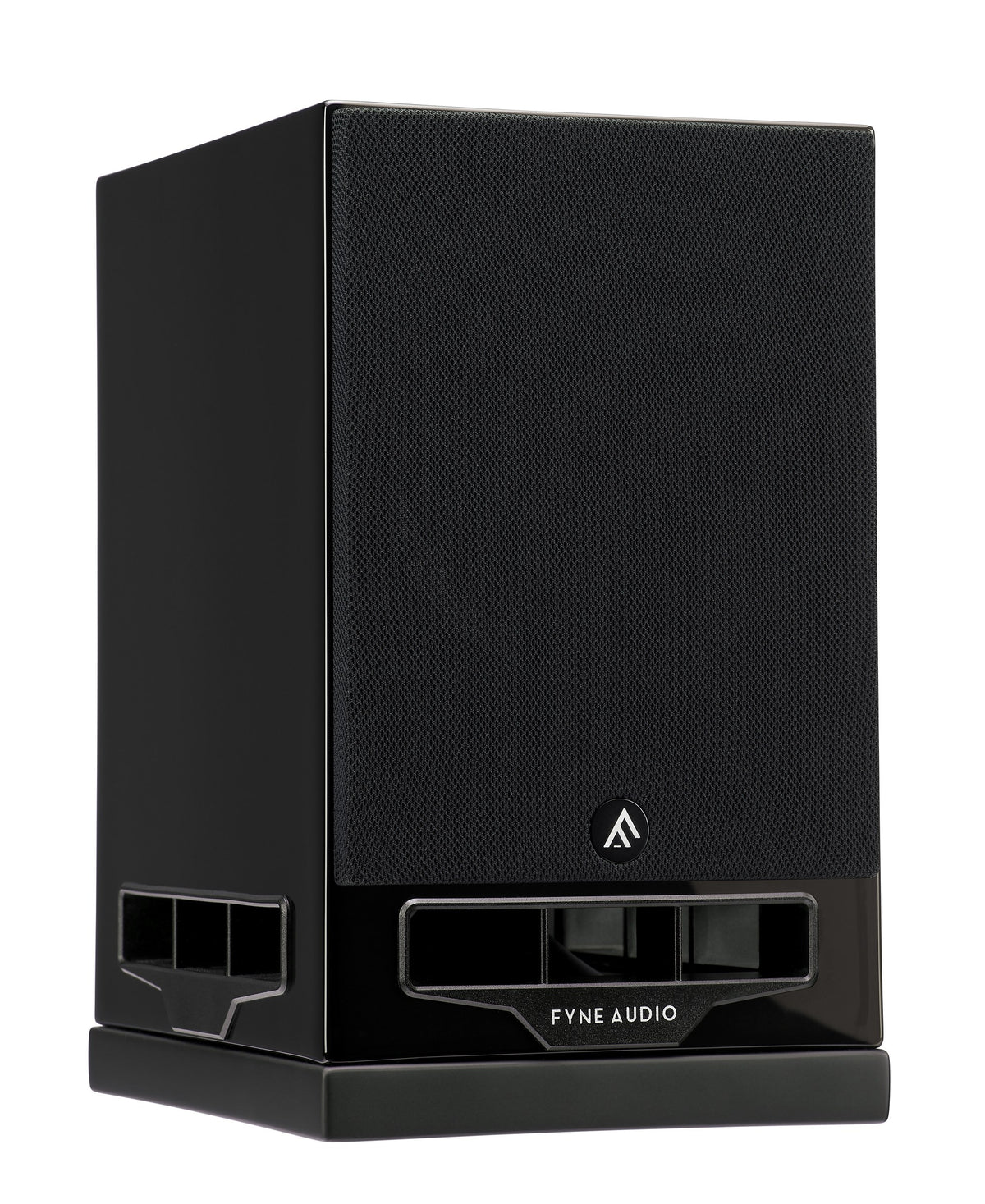 Fyne Audio F500S bookshelf speaker in Piano Gloss Black with grille on