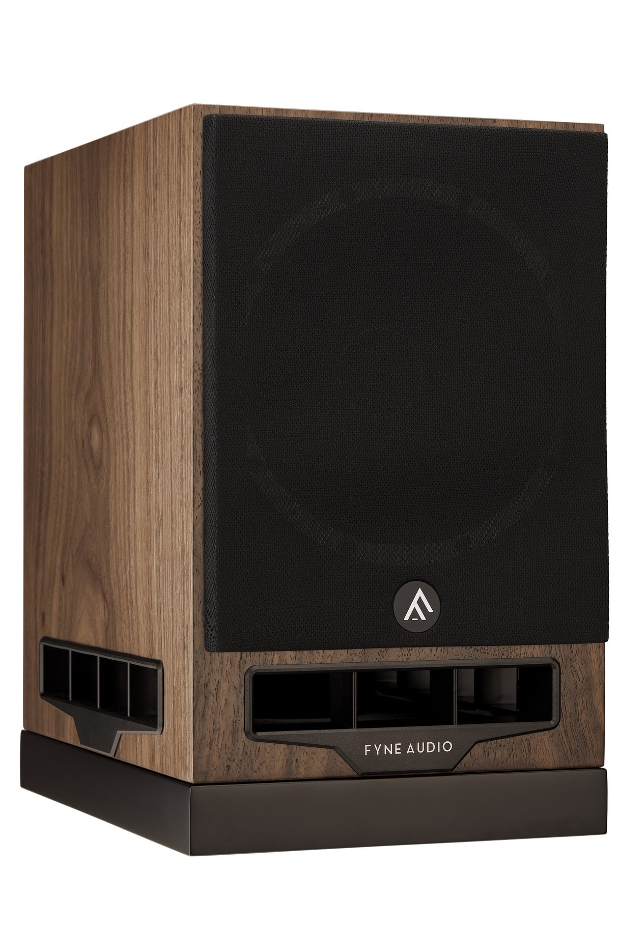 Fyne Audio F500S bookshelf speaker in Natural Walnut with grille on