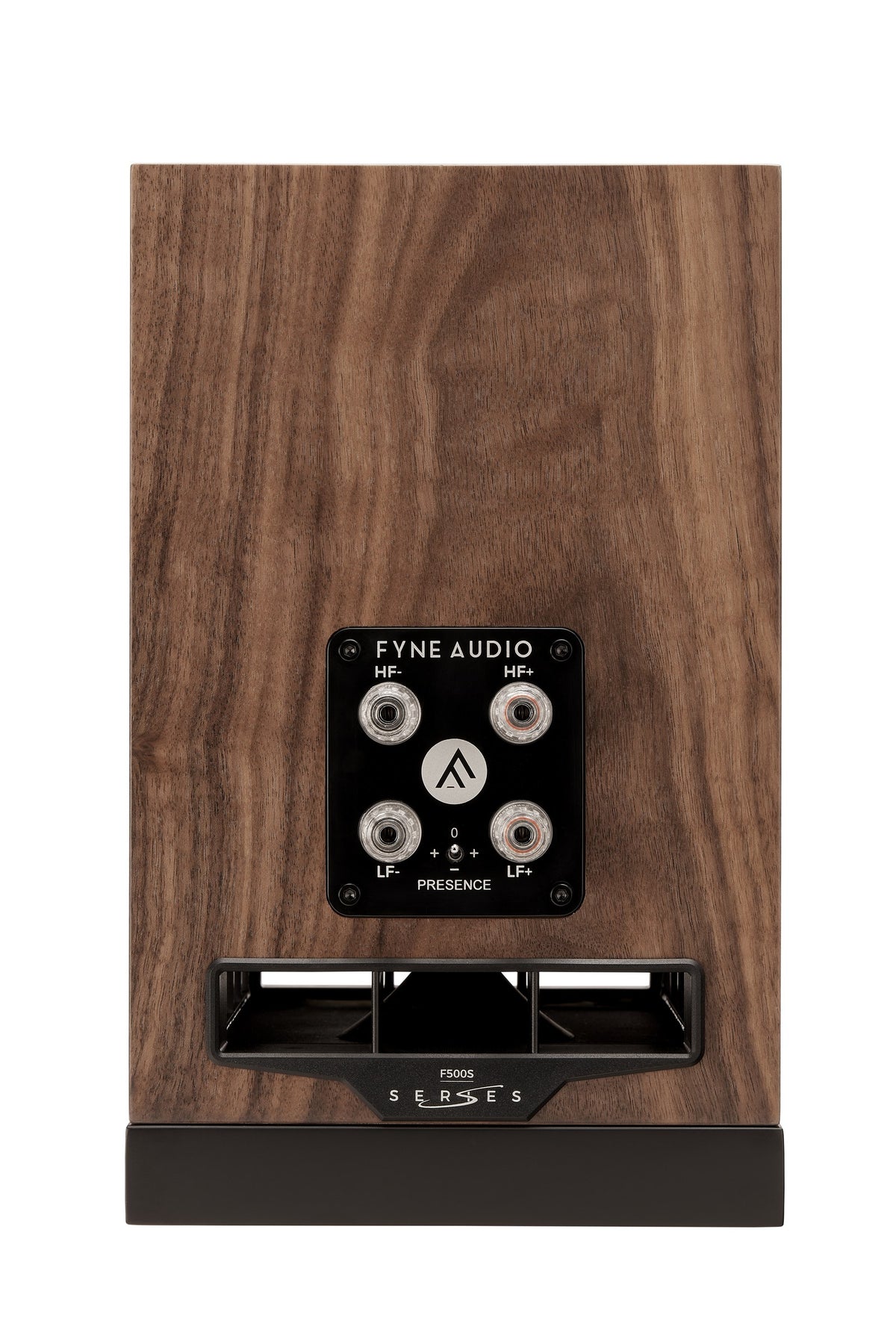 Rear view of Fyne Audio F500S bookshelf speaker in Natural Walnut