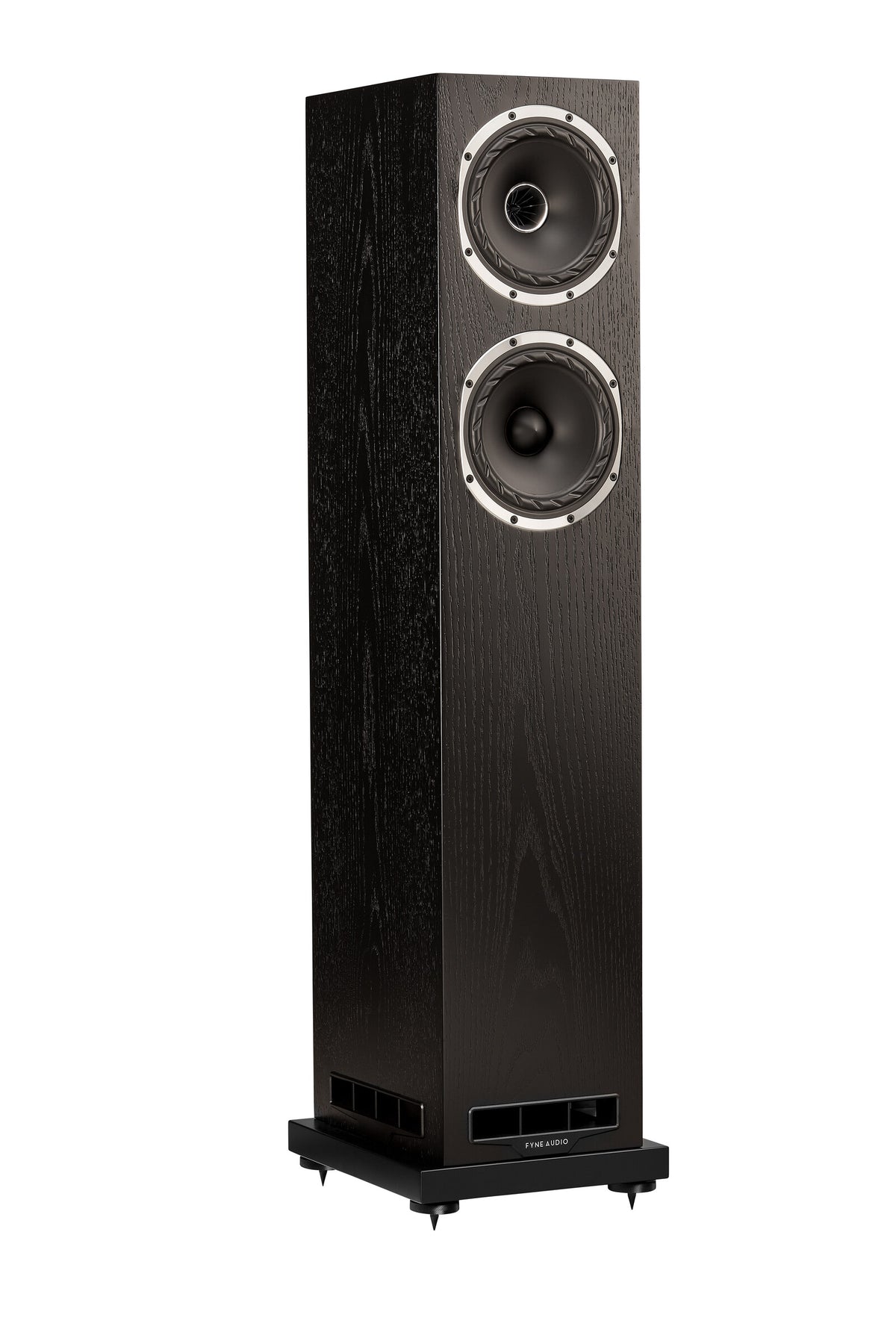 Fyne Audio F501S floorstanding speaker in Black Oak with grille removed