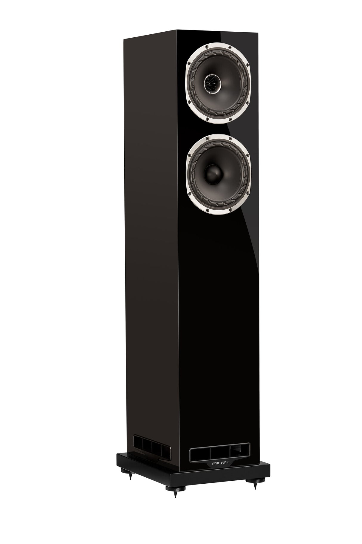 Fyne Audio F501S floorstanding speaker in Piano Gloss Black with grille removed