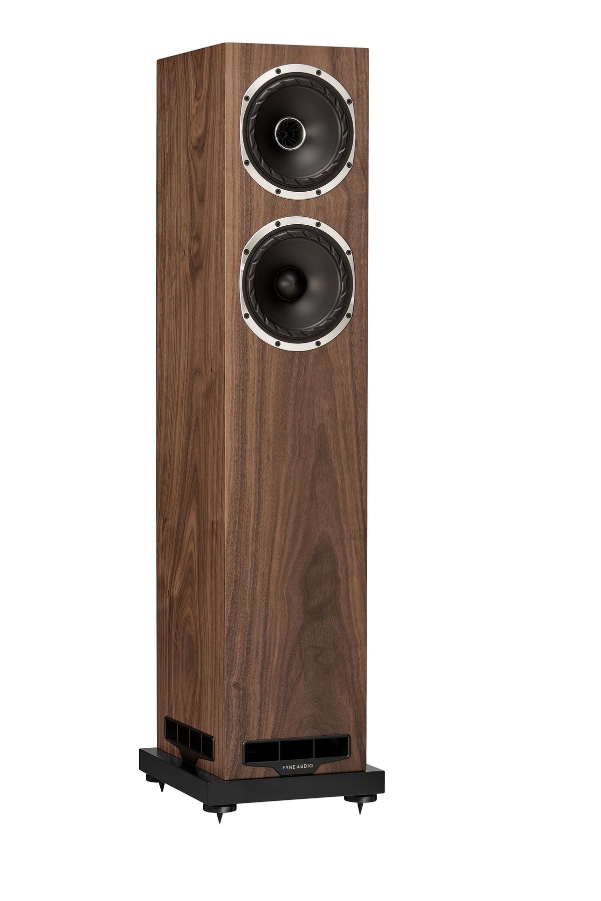 Fyne Audio F501S floorstanding speaker in Natural Walnut with grille removed
