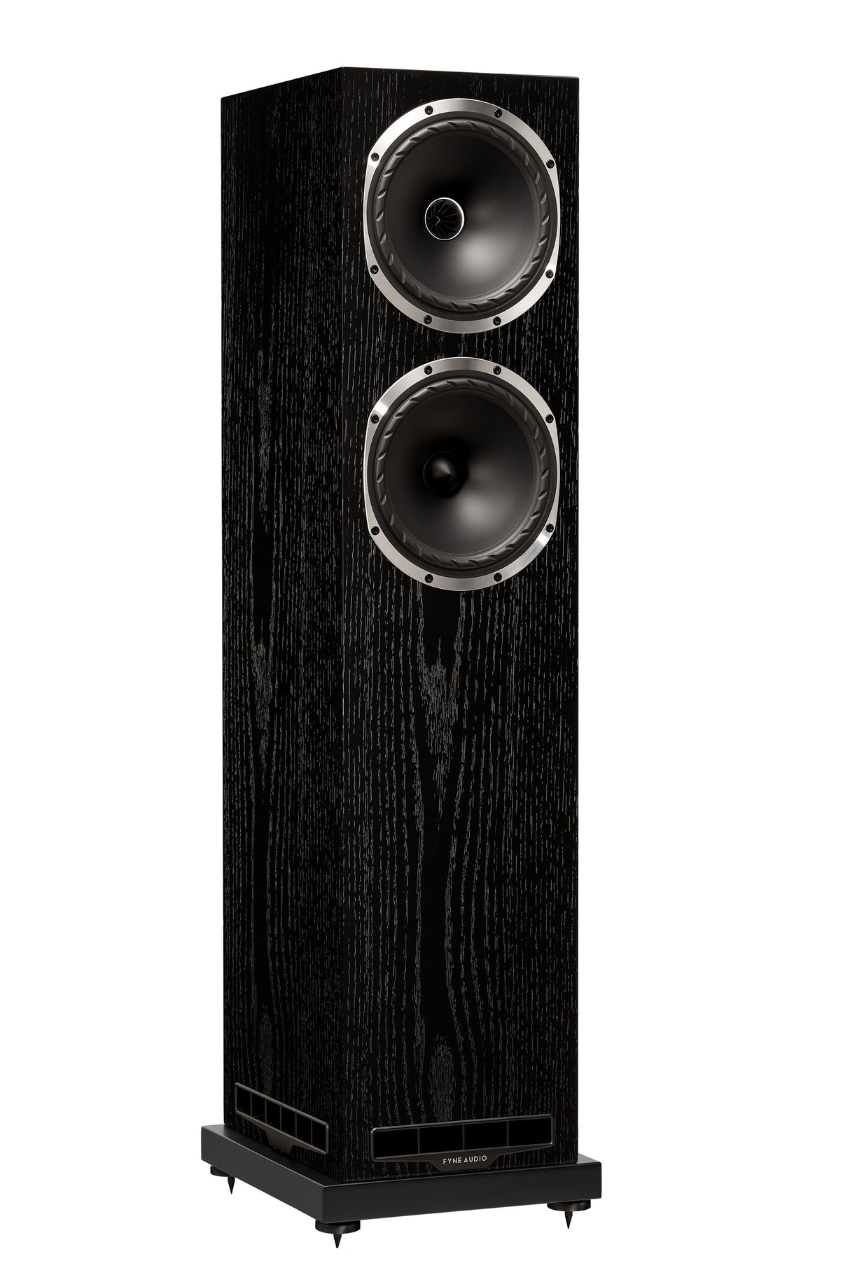 Fyne Audio F502S floorstanding speaker in Black Oak with grille removed