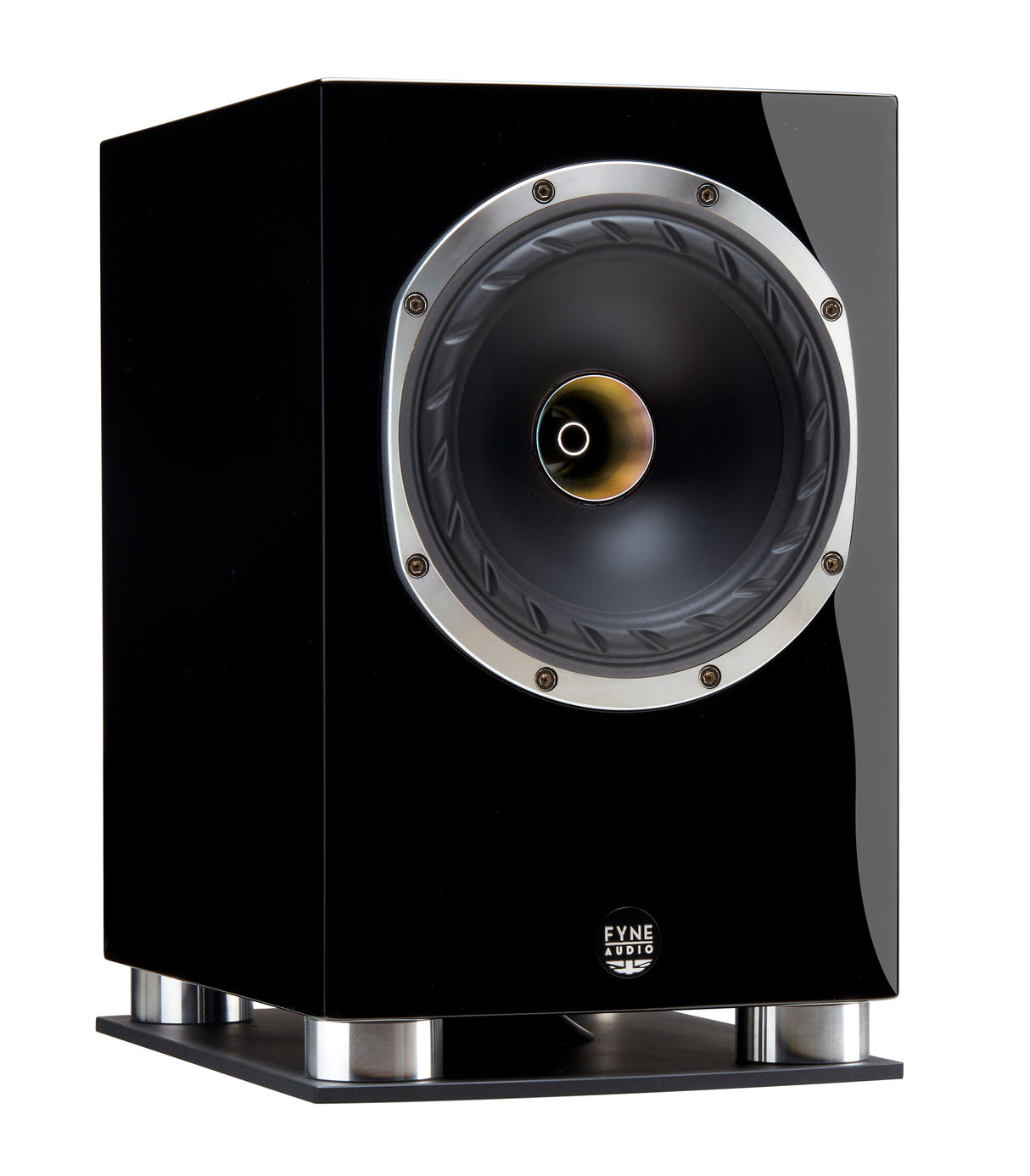 Fyne Audio F500SP in Piano Gloss Black with grille removed