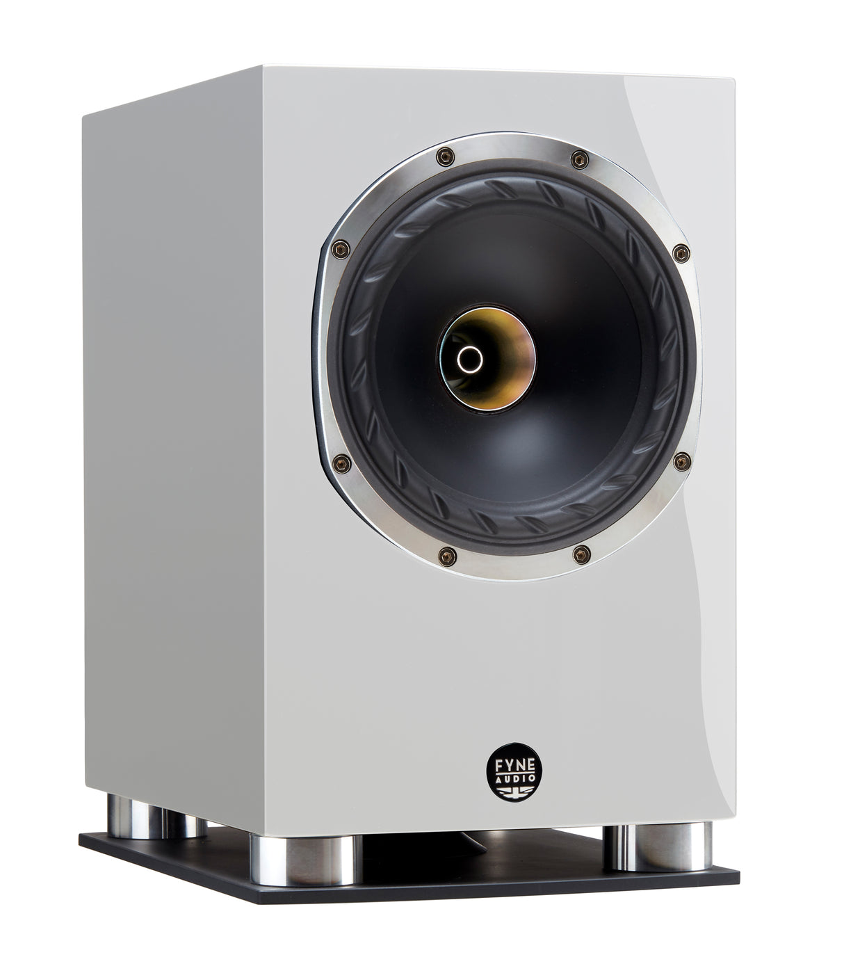 Fyne Audio F500SP in Piano Gloss White with grille removed