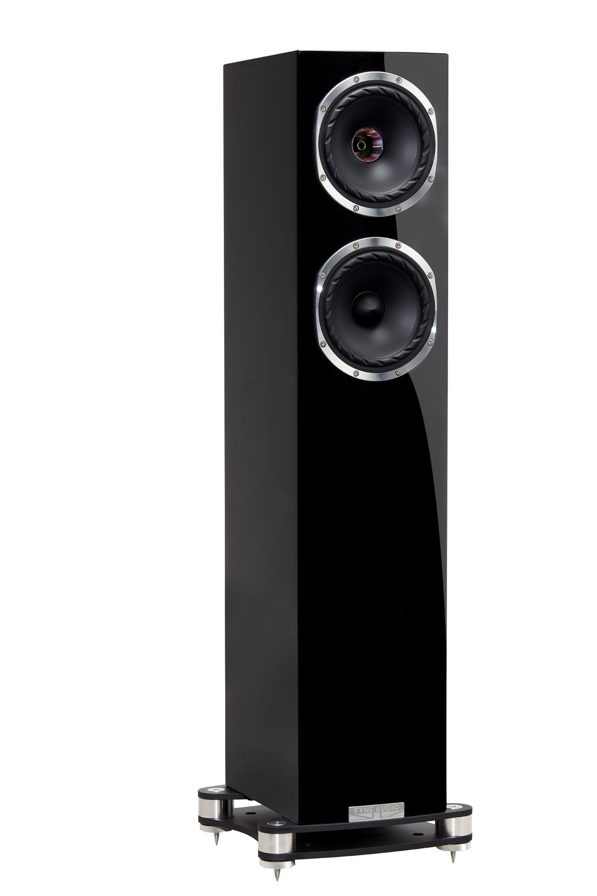 Fyne Audio F501SP in Piano Gloss Black with grille removed