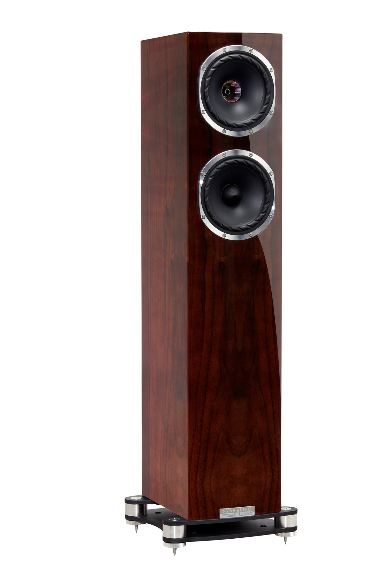 Fyne Audio F501SP in Piano Gloss Walnut with grille removed