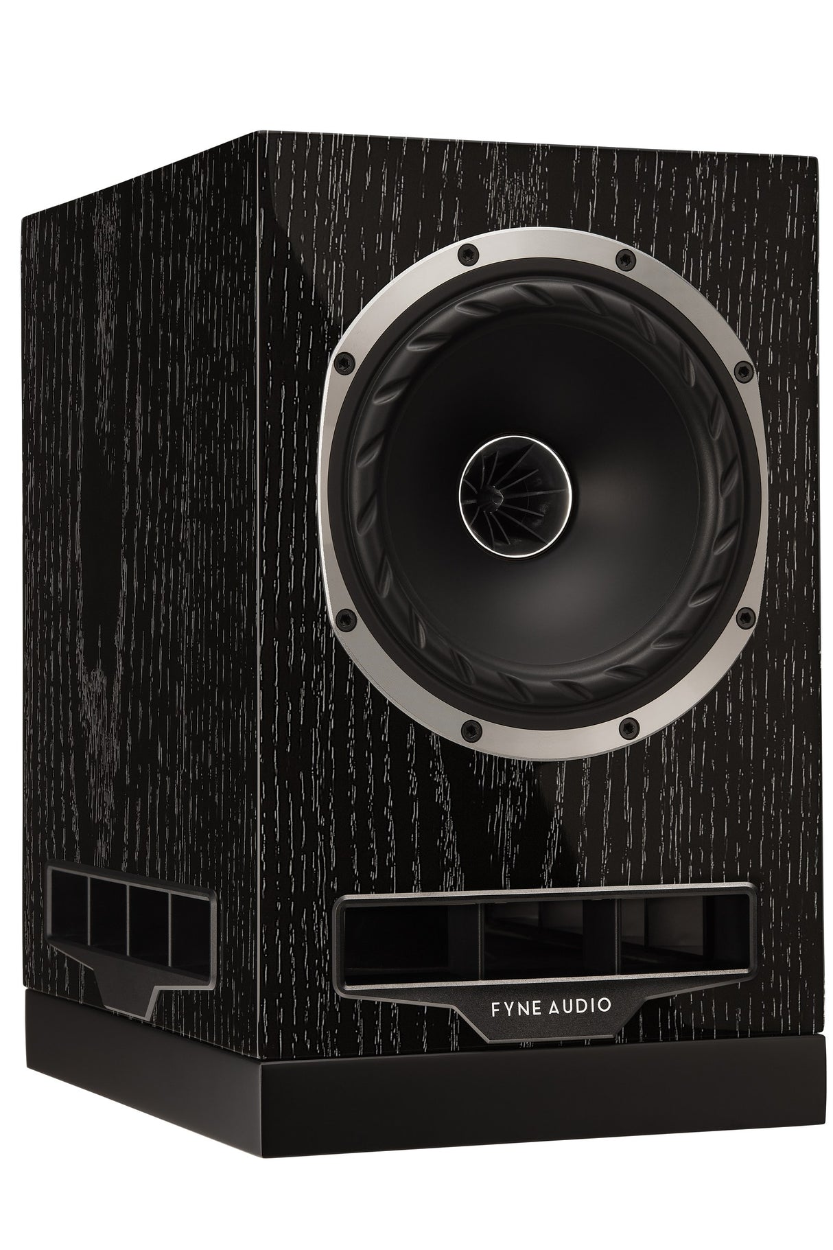 Fyne Audio F500S bookshelf speaker in Black Oak with grille removed