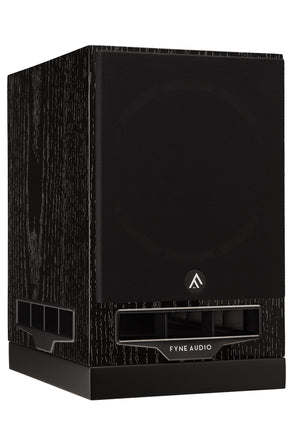 Fyne Audio F500S bookshelf speaker in Black Oak with grille on