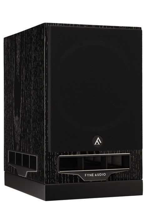 Fyne Audio F500S bookshelf speaker in Black Oak with grille on