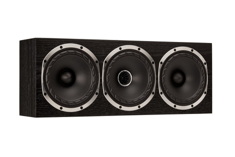 Fyne Audio F500S LCR speaker in Black Oak with grille removed