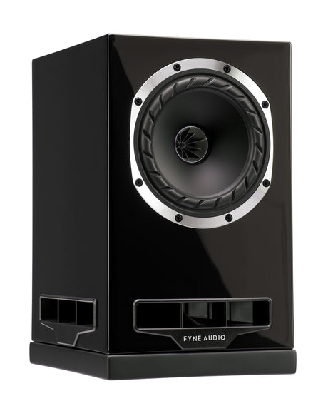 Fyne Audio F500S bookshelf speaker in Piano Gloss Black with grille removed