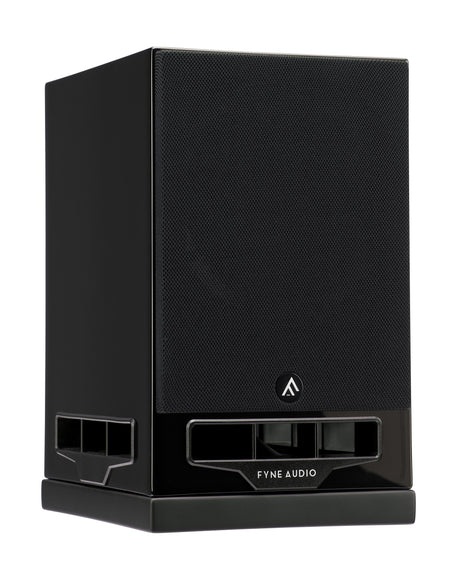 Fyne Audio F500S bookshelf speaker in Piano Gloss Black with grille on