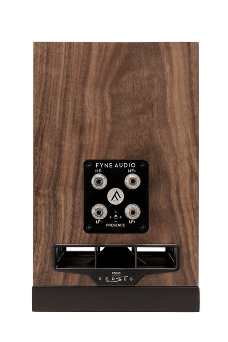 Rear view of Fyne Audio F500S bookshelf speaker in Natural Walnut