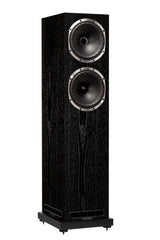 Fyne Audio F502S floorstanding speaker in Black Oak with grille removed