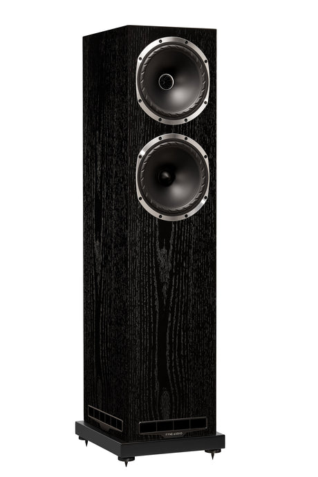 Fyne Audio F502S floorstanding speaker in Black Oak with grille removed