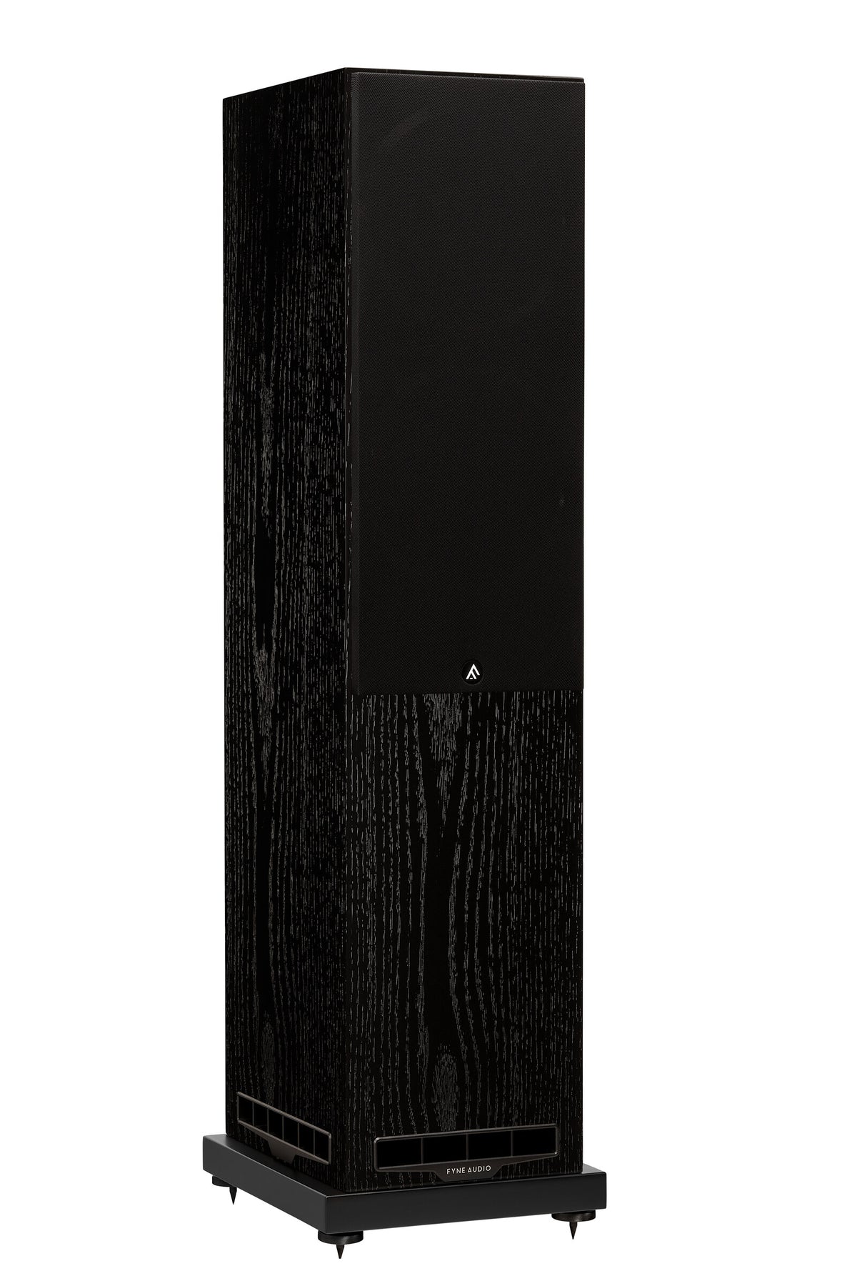 Fyne Audio F502S floorstanding speaker in Black Oak with grille on