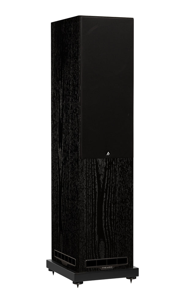 Fyne Audio F502S floorstanding speaker in Black Oak with grille on