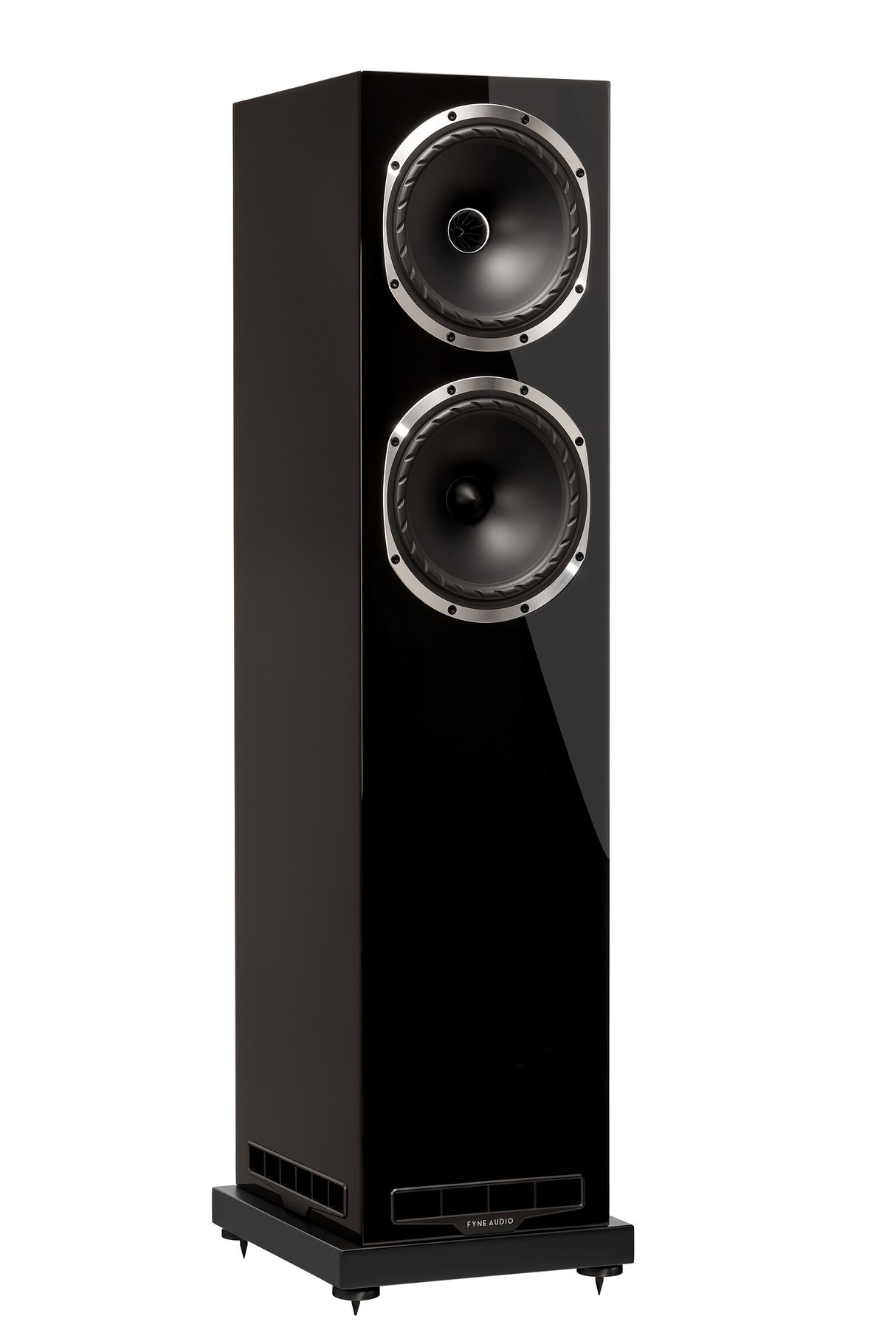 Fyne Audio F502S floorstanding speaker in Piano Gloss Black with grille removed