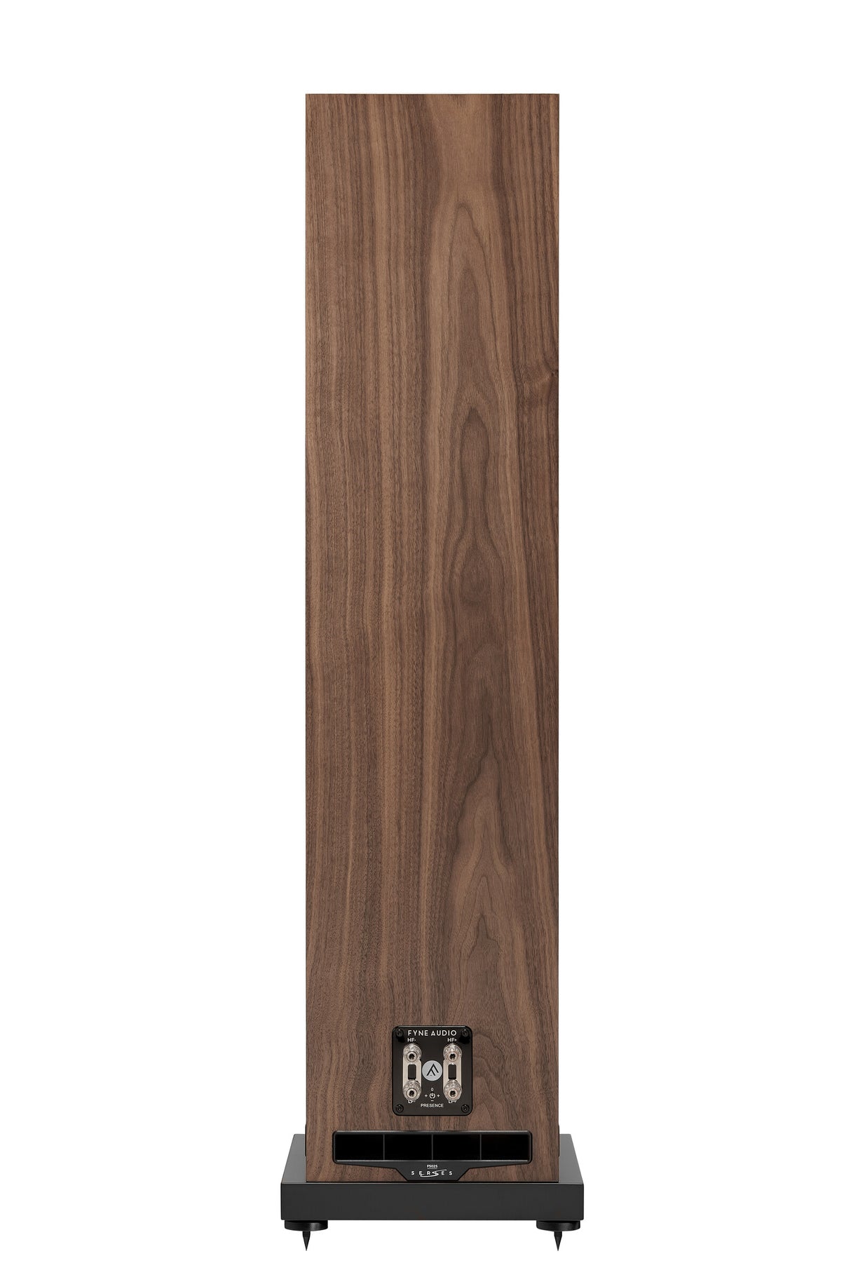 Rear view of Fyne Audio F502S floorstanding speaker in Natural Walnut