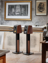 Pair of Sonus faber Concertino G4 speakers on dedicated Iron Stands